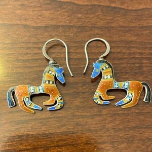 Sterling Silver Enamel Santa Fe Galloping Horse Dangle Earrings. Vintage.